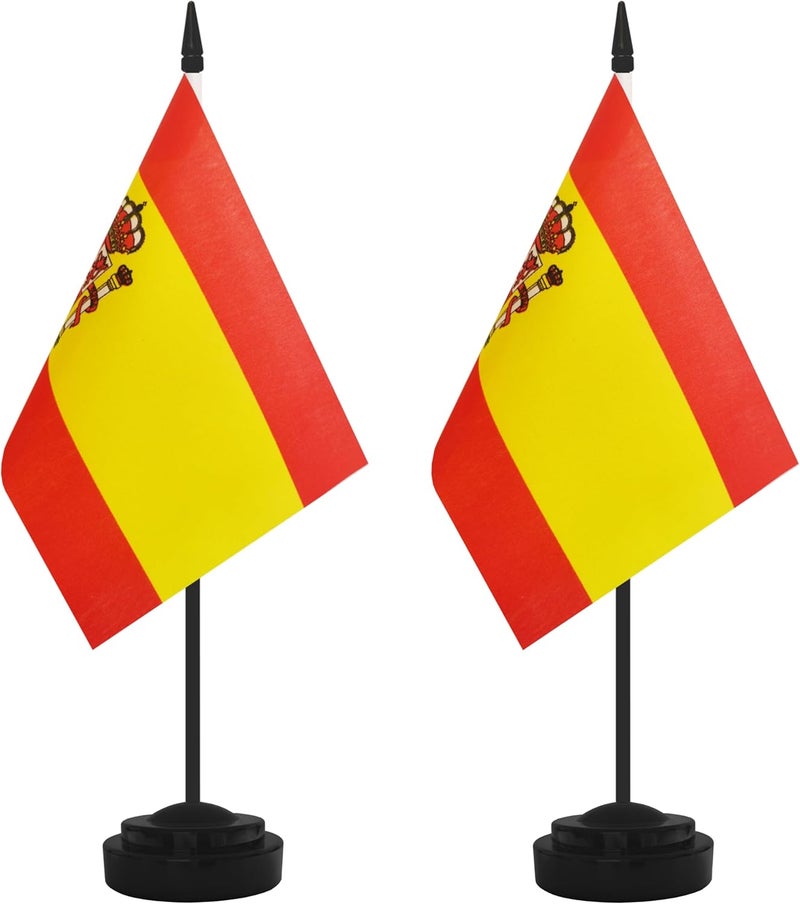 Yamiuo 2 Pack Spain Desk Flag Set, Spanish Desktop Small Miniature Table Office Flag with 12" Black Pole and Black Base, Offices, Classroom, Home, Festival Decoration (Spain) - Image 1